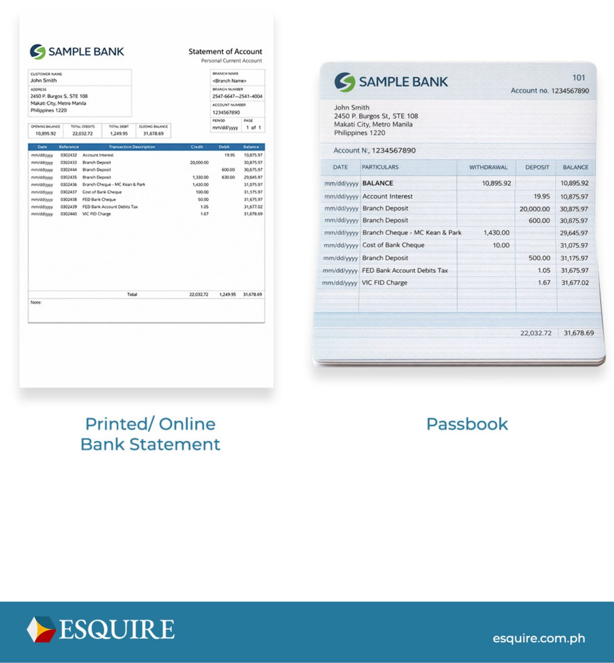 Acceptable bank statement samples: a printed or online bank statement and a passbook.