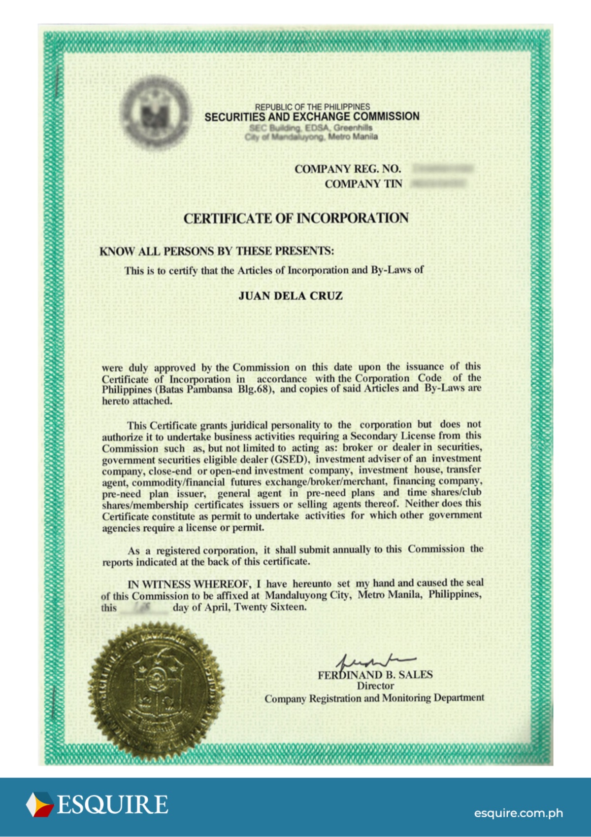 Sample certificate of business registration (1 of 2).