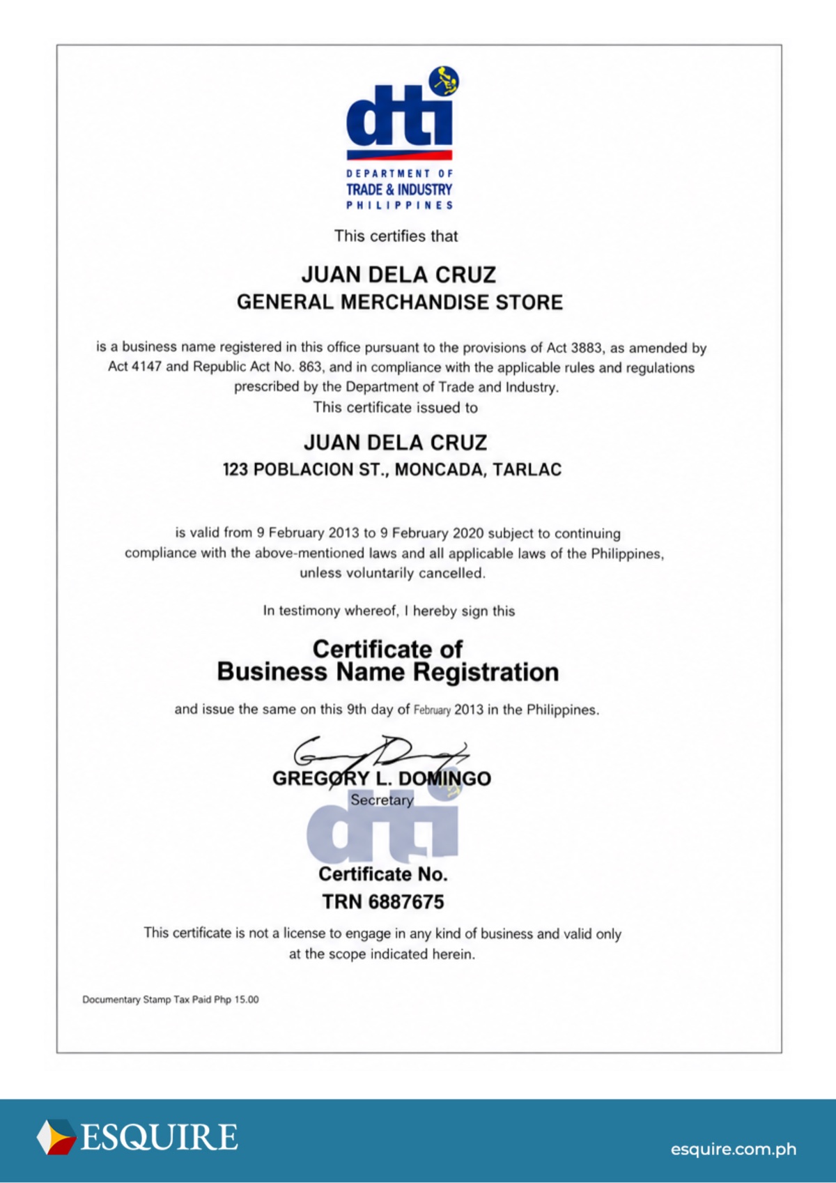 Sample certificate of business registration (2 of 2).