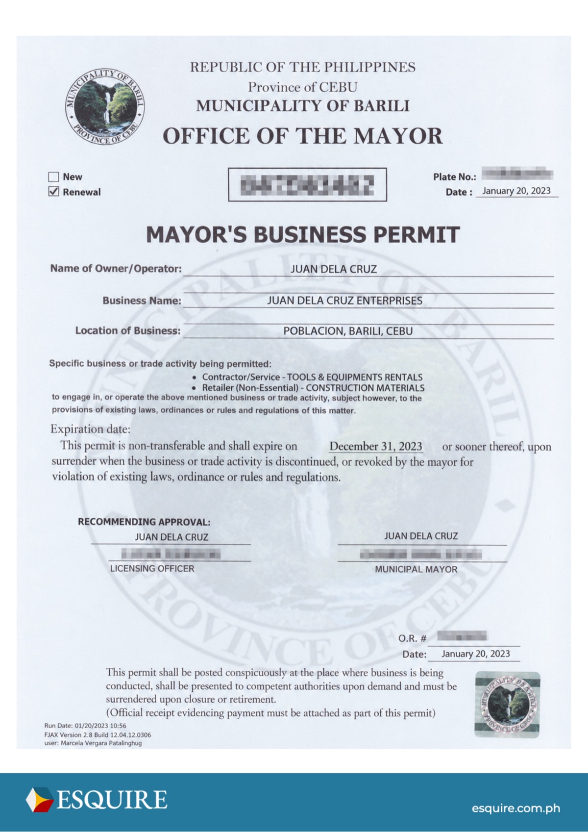 Sample government permit (1 of 2).