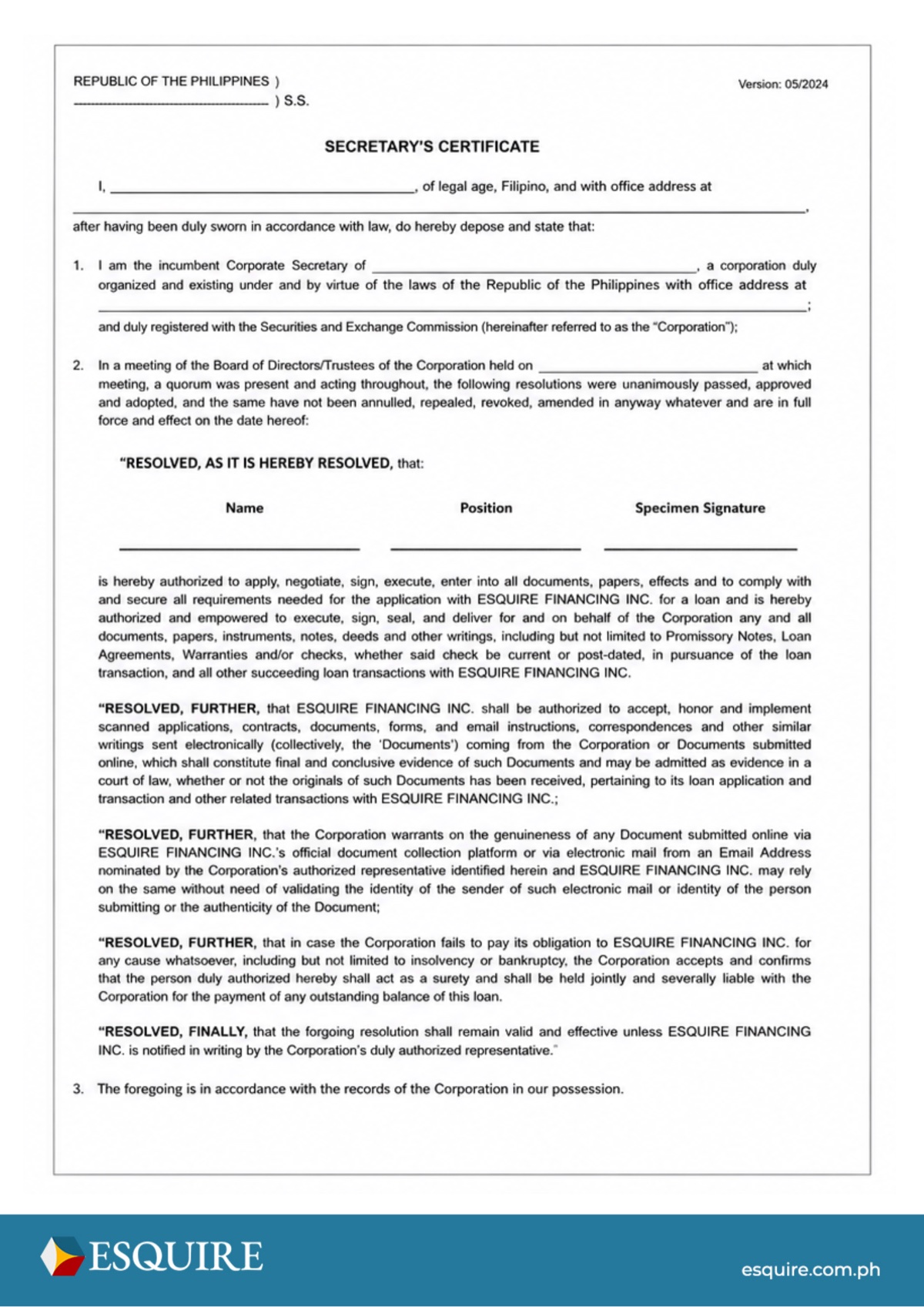 Sample proof of authority document (1 of 3).