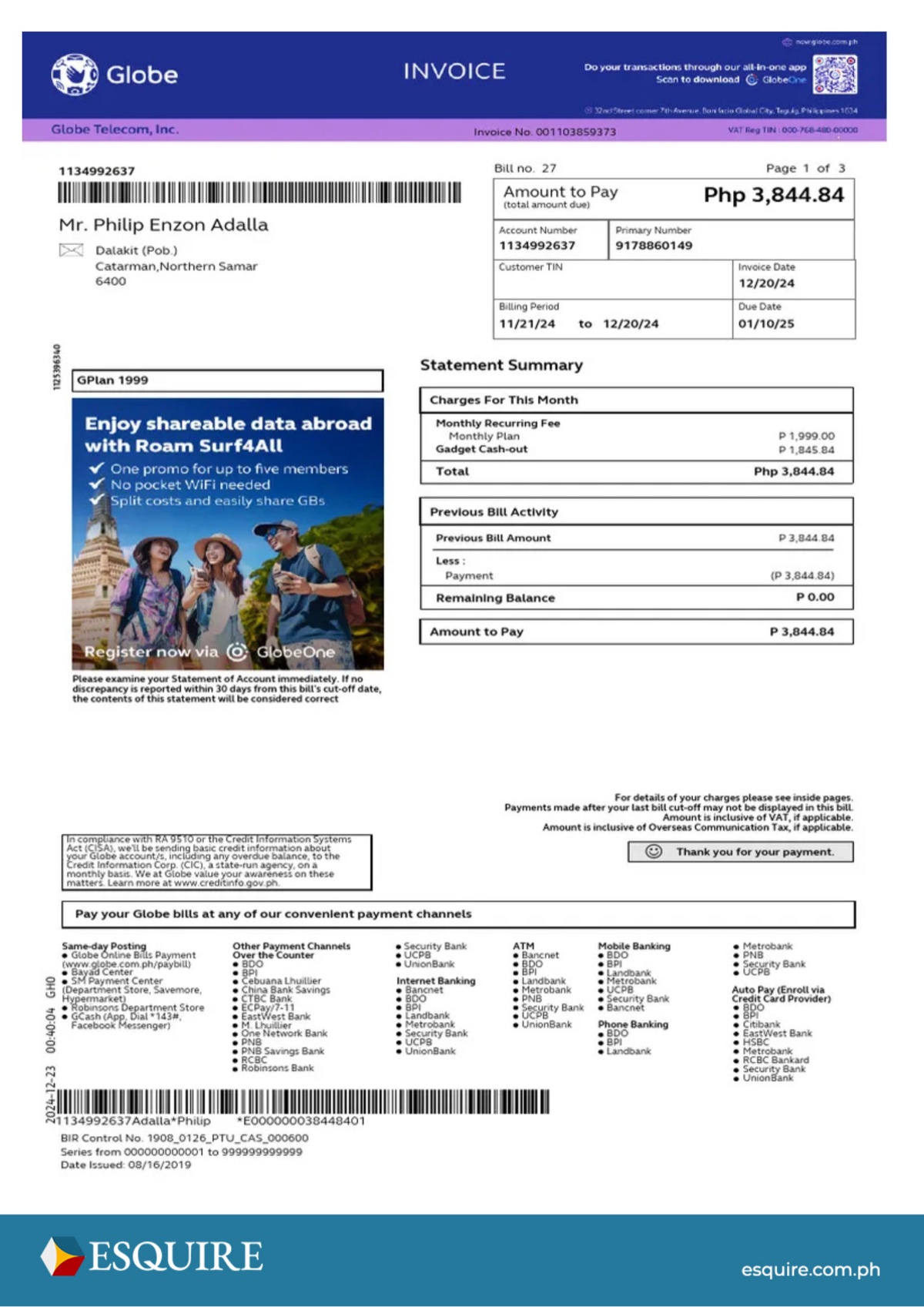Sample residential proof of billing.